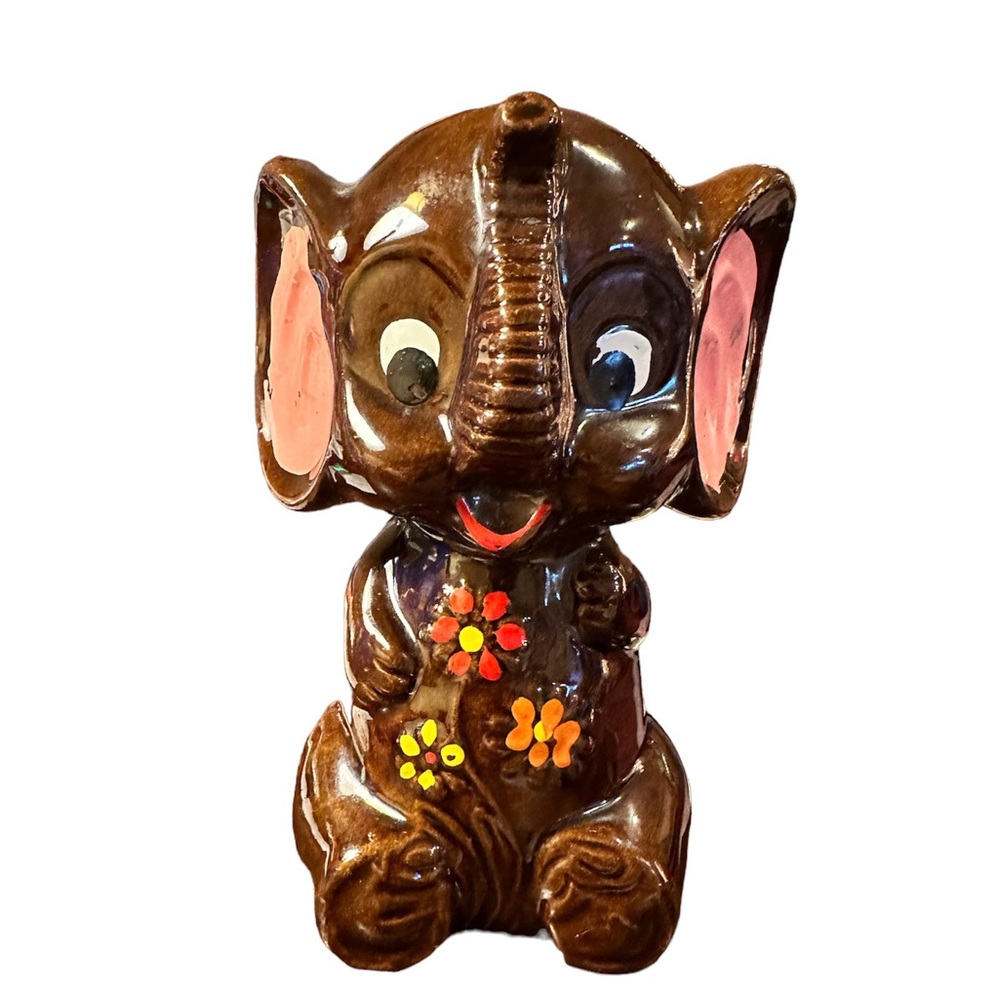 Vintage Pottery Elephant Bank Trunk Up Hand Painted Flowers